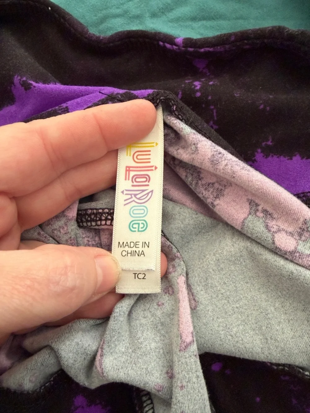 LuLaRoe Black Leggings with Purple Splatter - Picture 2 of 2